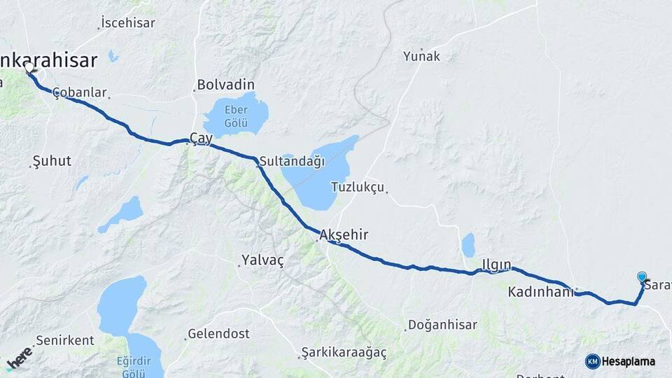 Konya Sarayönü Afyonkarahisar Arası Kaç Km - Yol Haritası