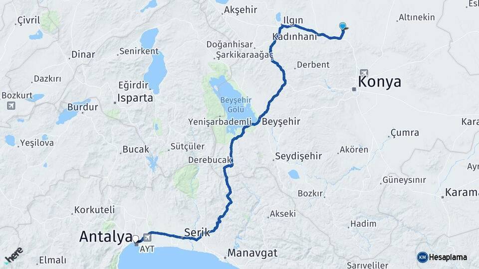 Konya Sarayönü Antalya Arası Kaç Km - Yol Haritası