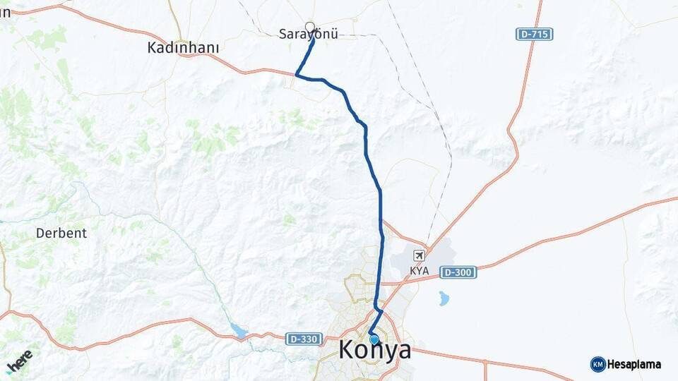 Konya Sarayönü Arası Kaç Km - Yol Haritası