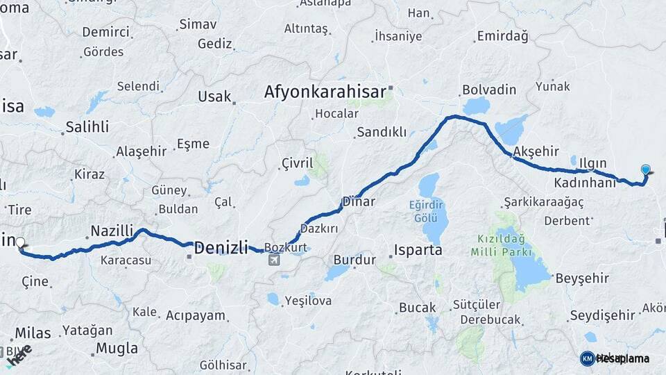 Konya Sarayönü Aydın Arası Kaç Km - Yol Haritası