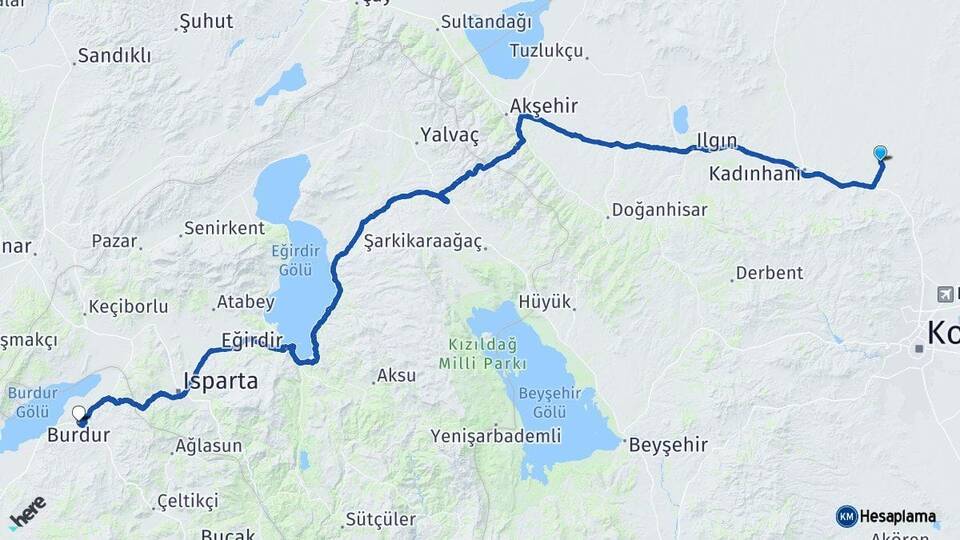 Konya Sarayönü Burdur Arası Kaç Km - Yol Haritası