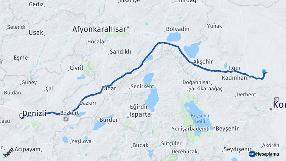 Konya Sarayönü Denizli Arası Kaç Km - Yol Haritası