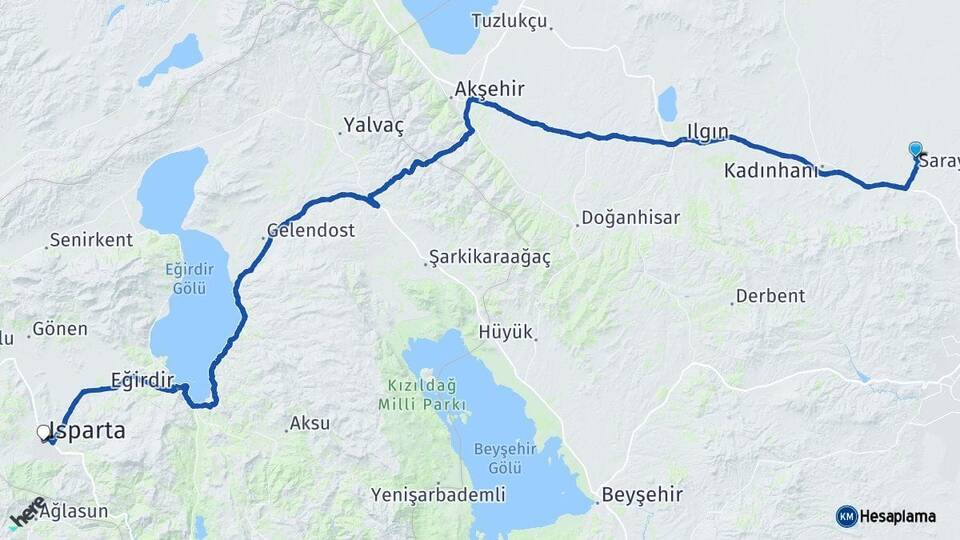 Konya Sarayönü Isparta Arası Kaç Km - Yol Haritası