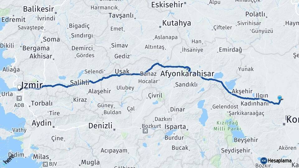 Konya Sarayönü İzmir Arası Kaç Km - Yol Haritası