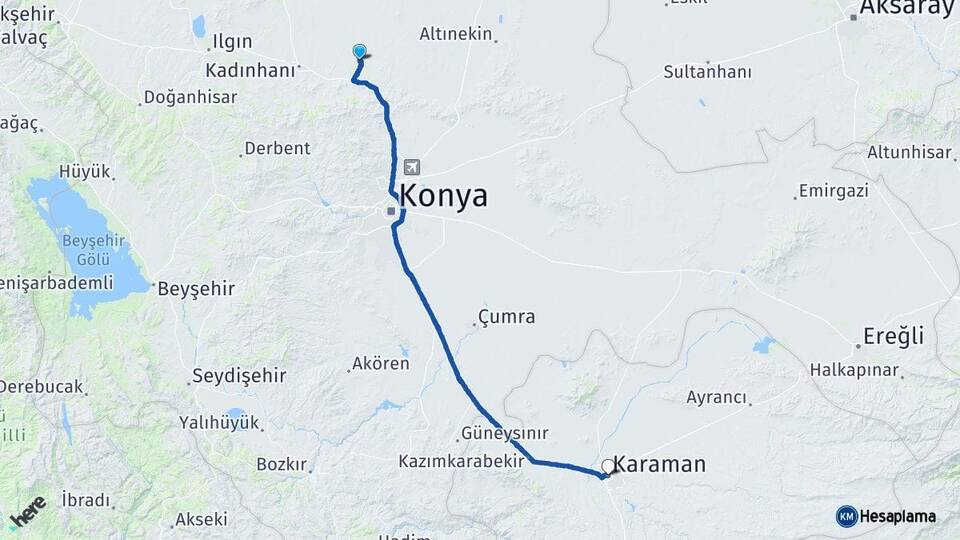Konya Sarayönü Karaman Arası Kaç Km - Yol Haritası