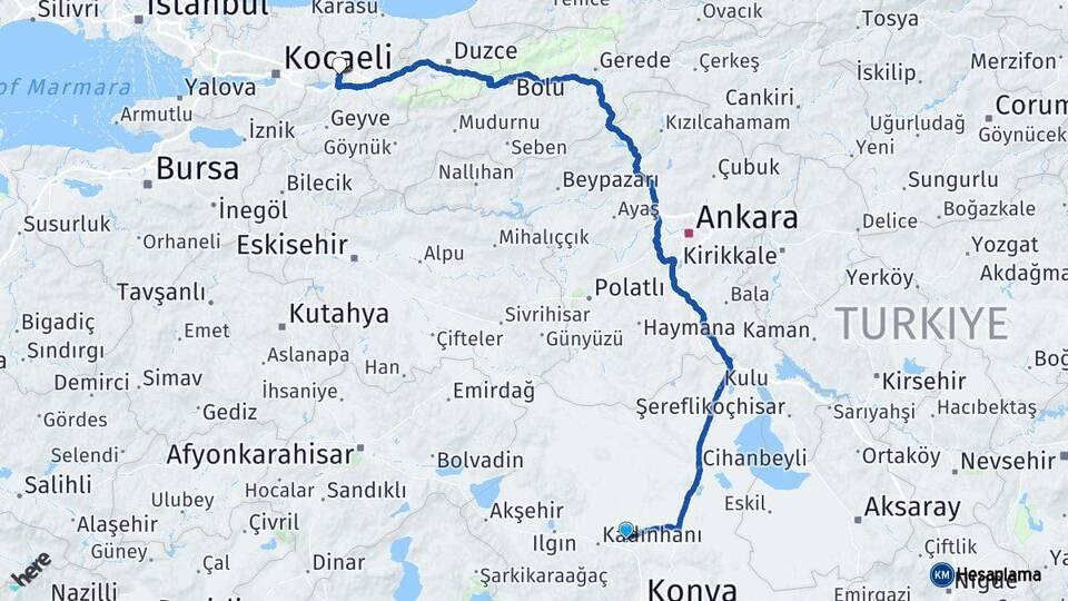 Konya Sarayönü Sakarya Arası Kaç Km - Yol Haritası