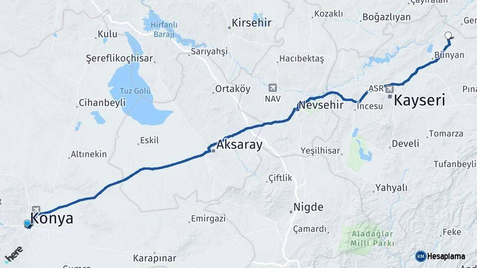 Konya Sarıoğlan Kayseri Arası Kaç Km - Yol Haritası