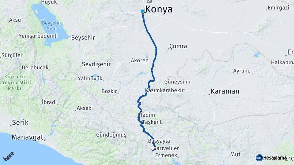Konya Sarıveliler Karaman Arası Kaç Km - Yol Haritası