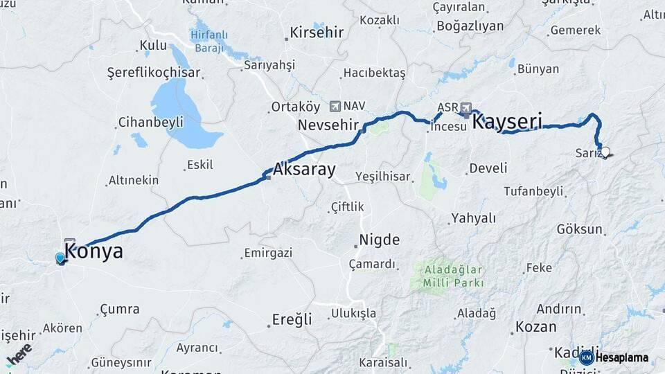 Konya Sarız Arası Kaç Km - Yol Tarifi
