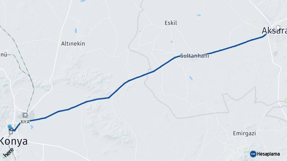 Konya Selçuklu Aksaray Arası Kaç Km - Yol Haritası