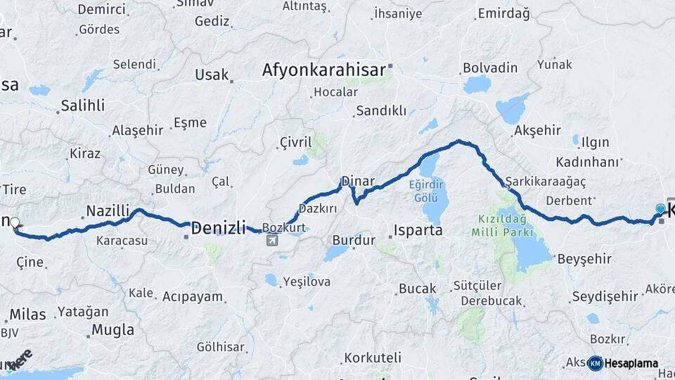 Konya Selçuklu Aydın Arası Kaç Km - Yol Haritası