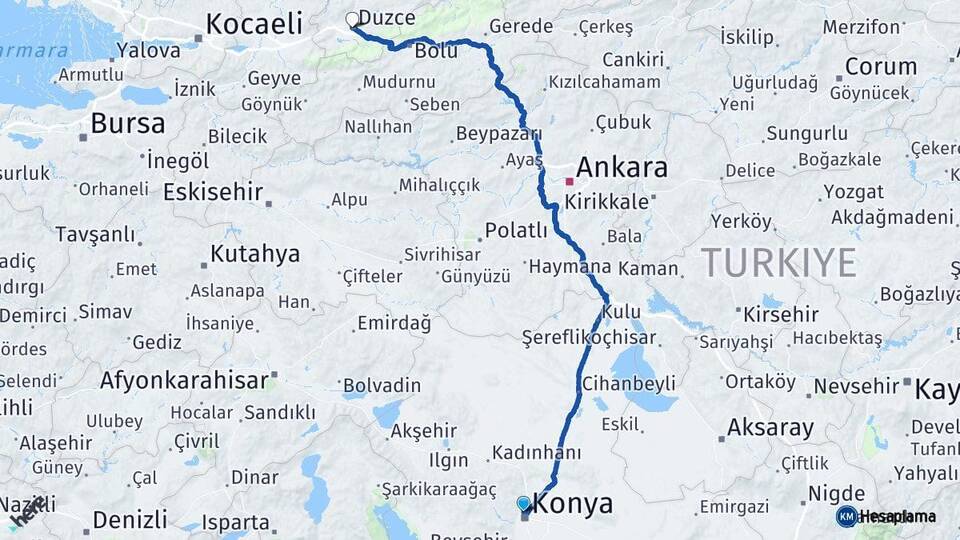 Konya Selçuklu Düzce Arası Kaç Km - Yol Haritası