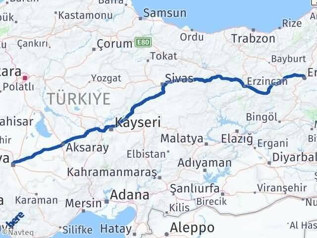 Konya Selçuklu Erzurum Arası Kaç Km - Yol Haritası