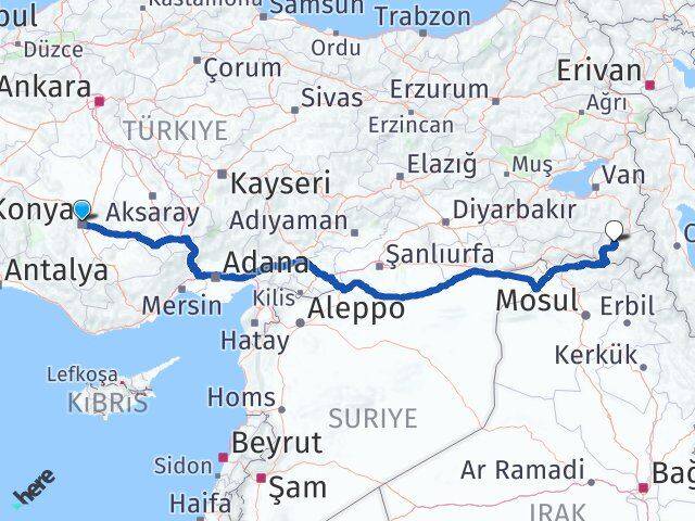 Konya Selçuklu Hakkari Arası Kaç Km - Yol Haritası