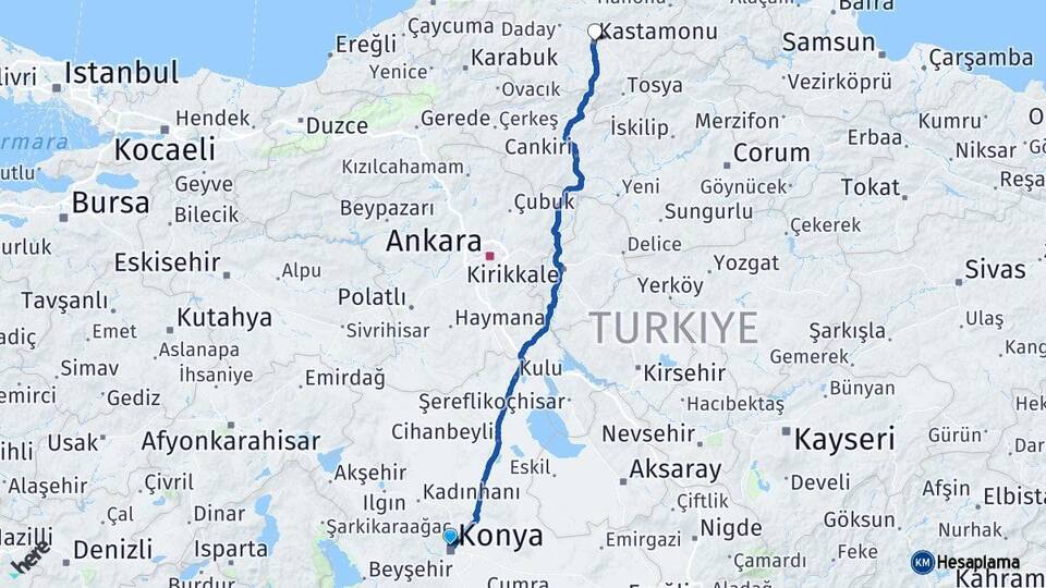 Konya Selçuklu Kastamonu Arası Kaç Km - Yol Haritası