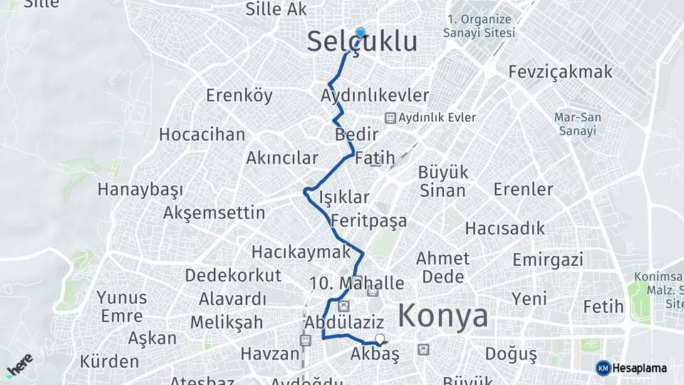Konya Selçuklu Meram Arası Kaç Km - Yol Haritası
