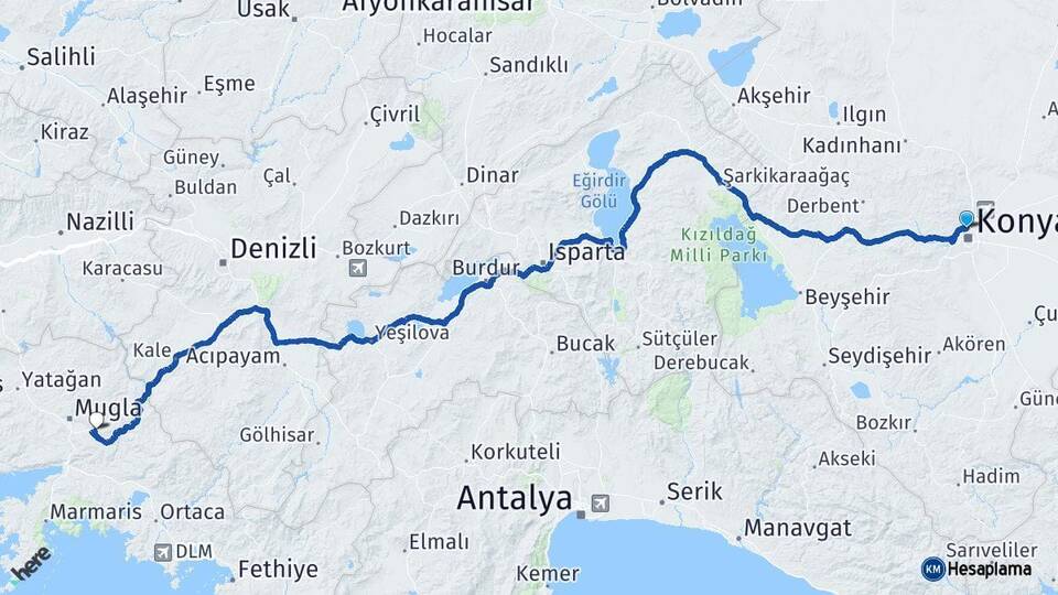 Konya Selçuklu Muğla Arası Kaç Km - Yol Haritası