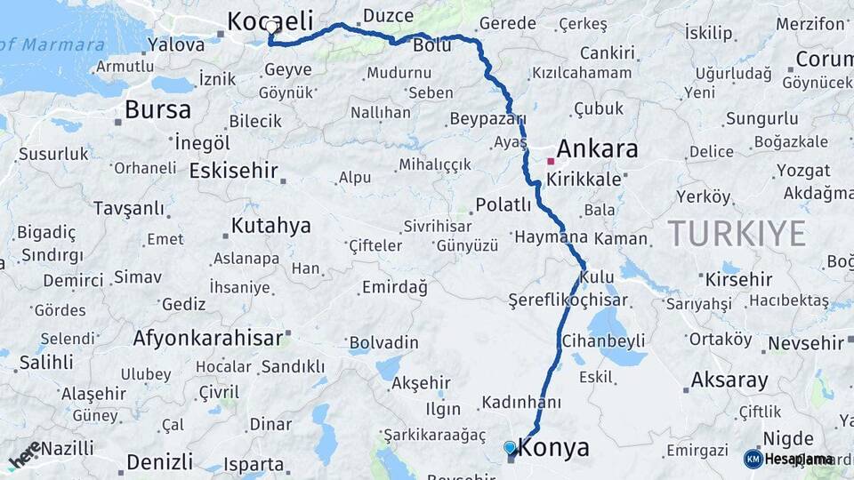 Konya Selçuklu Sakarya Arası Kaç Km - Yol Haritası