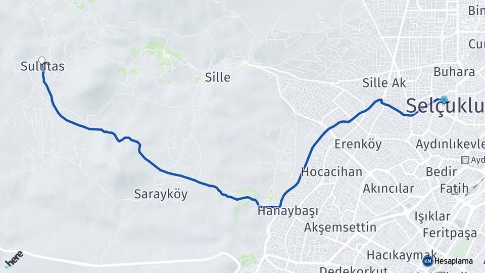 Konya Selçuklu Sulutas Selçuklu Arası Kaç Km - Yol Haritası