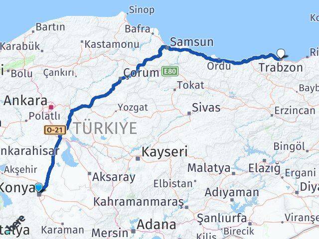 Konya Selçuklu Trabzon Arası Kaç Km - Yol Haritası