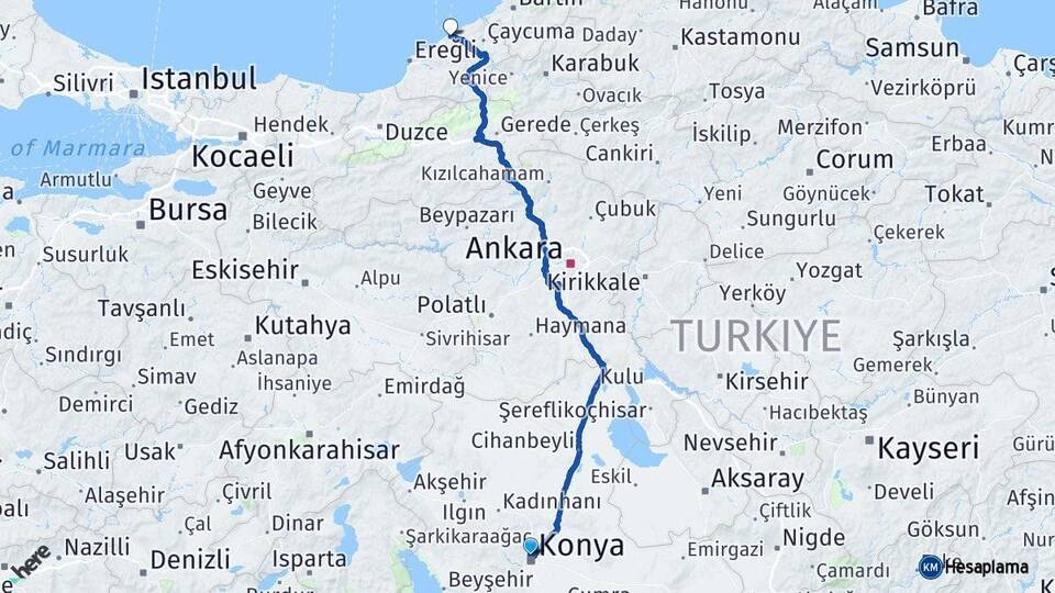 Konya Selçuklu Zonguldak Arası Kaç Km - Yol Haritası
