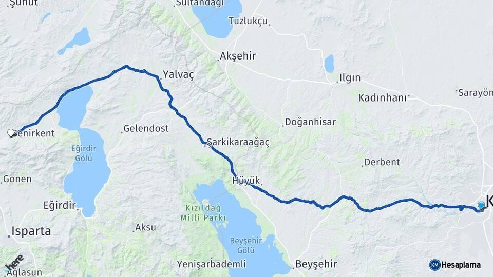 Konya Senirkent Isparta Arası Kaç Km - Yol Haritası