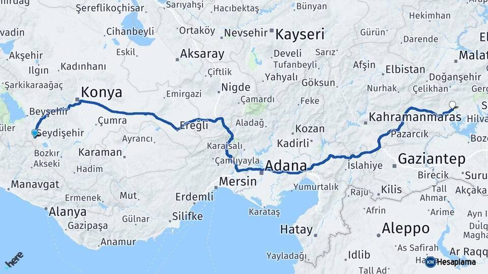 Konya Seydişehir Adıyaman Arası Kaç Km - Yol Haritası
