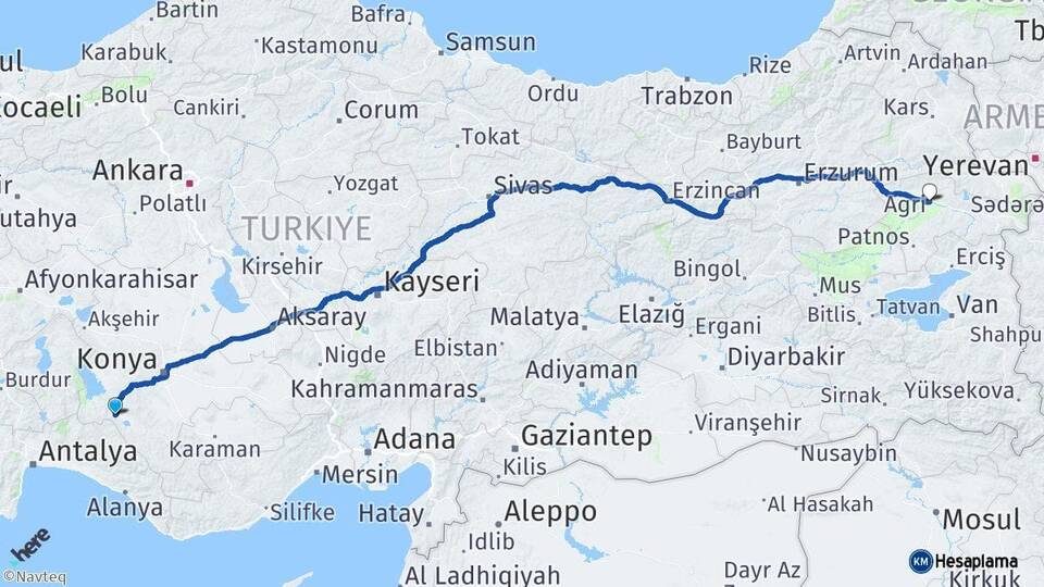 Konya Seydişehir Ağrı Arası Kaç Km - Yol Haritası