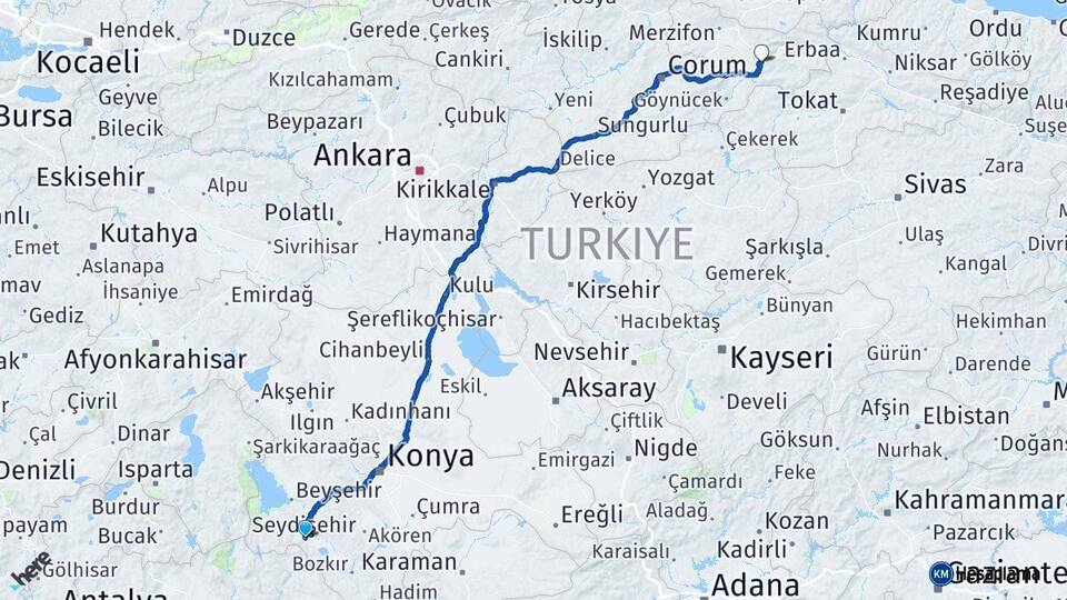 Konya Seydişehir Amasya Arası Kaç Km - Yol Haritası