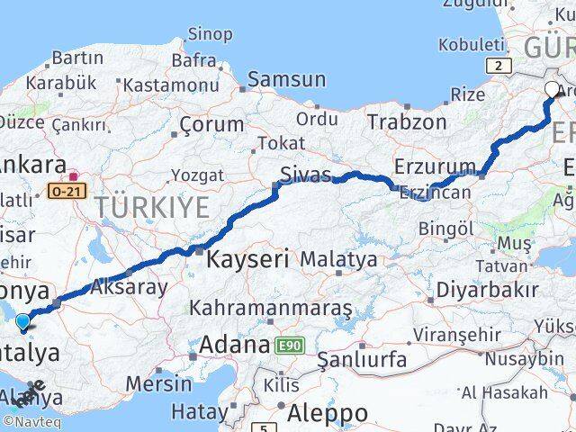 Konya Seydişehir Ardahan Arası Kaç Km - Yol Haritası
