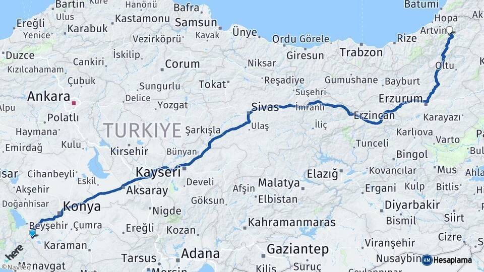 Konya Seydişehir Artvin Arası Kaç Km - Yol Haritası