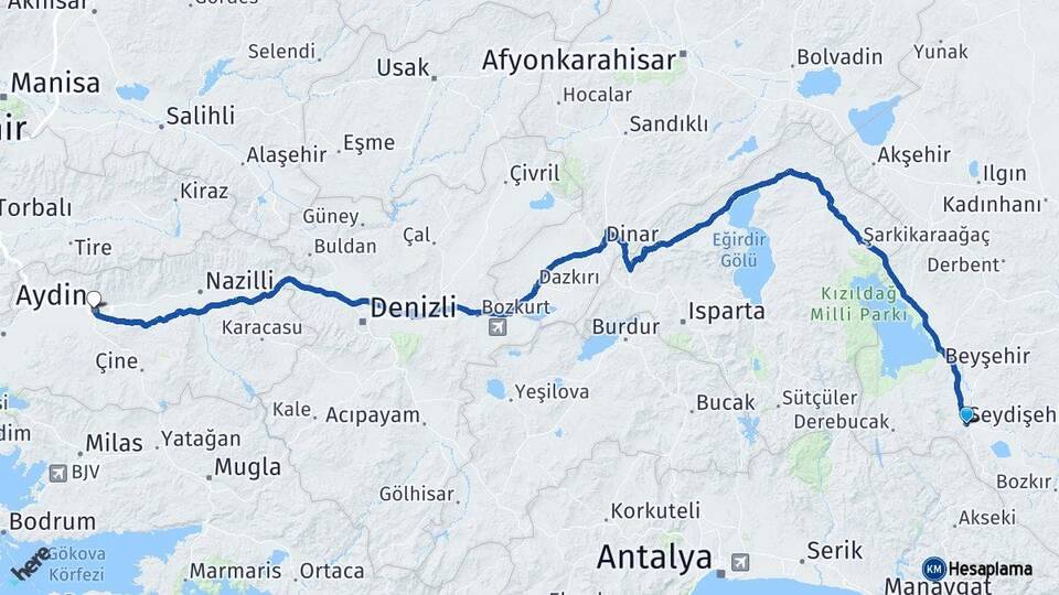 Konya Seydişehir Aydın Arası Kaç Km - Yol Haritası