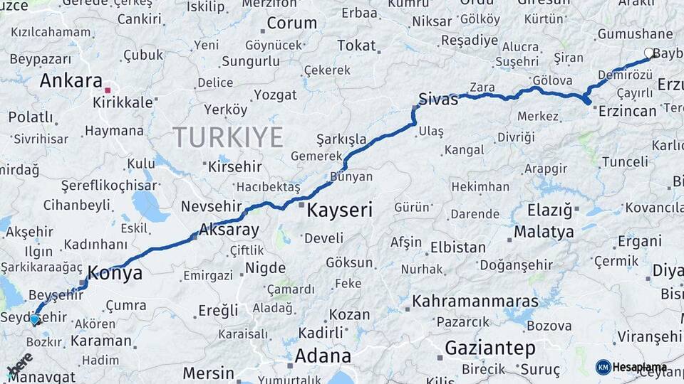 Konya Seydişehir Bayburt Arası Kaç Km - Yol Haritası