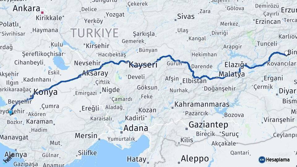 Konya Seydişehir Bingöl Arası Kaç Km - Yol Haritası
