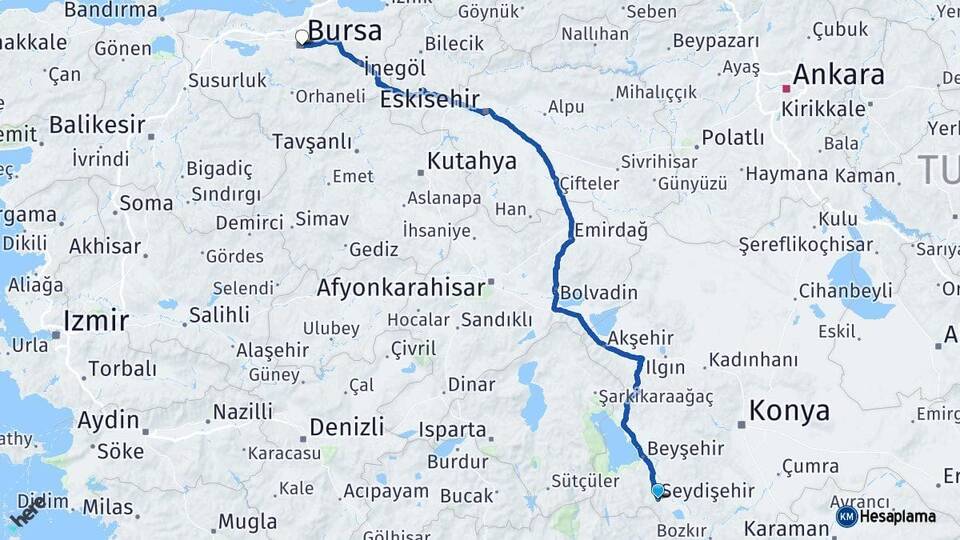 Konya Seydişehir Bursa Arası Kaç Km - Yol Haritası