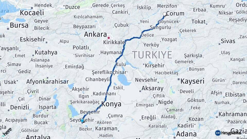 Konya Seydişehir Çorum Arası Kaç Km - Yol Haritası