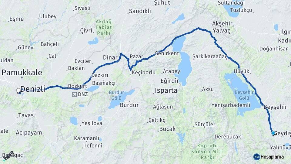 Konya Seydişehir Denizli Arası Kaç Km - Yol Haritası