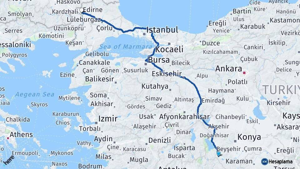 Konya Seydişehir Edirne Arası Kaç Km - Yol Haritası