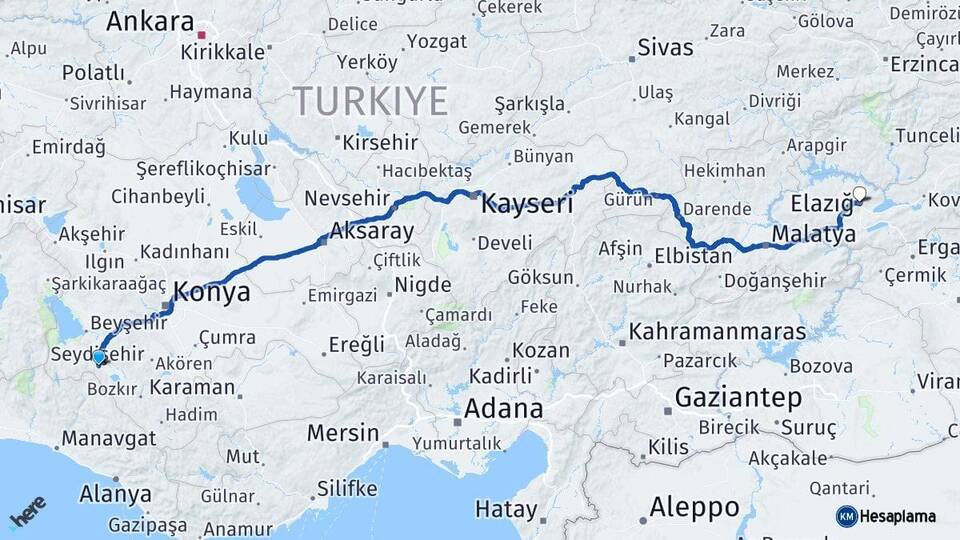 Konya Seydişehir Elazığ Arası Kaç Km - Yol Haritası