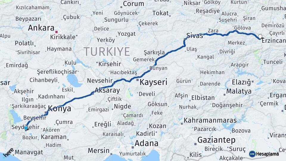 Konya Seydişehir Erzincan Arası Kaç Km - Yol Haritası