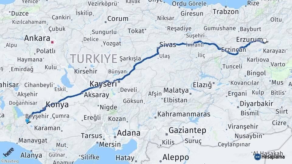 Konya Seydişehir Erzurum Arası Kaç Km - Yol Haritası