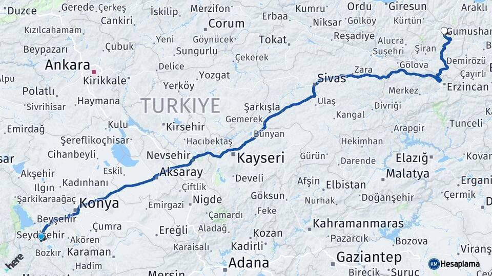 Konya Seydişehir Gümüşhane Arası Kaç Km - Yol Haritası