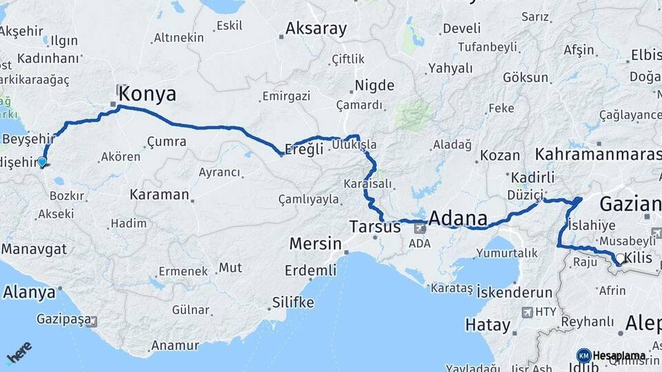 Konya Seydişehir Kilis Arası Kaç Km - Yol Haritası