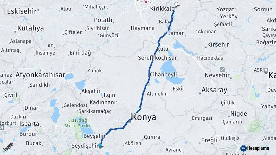 Konya Seydişehir Kırıkkale Arası Kaç Km - Yol Haritası