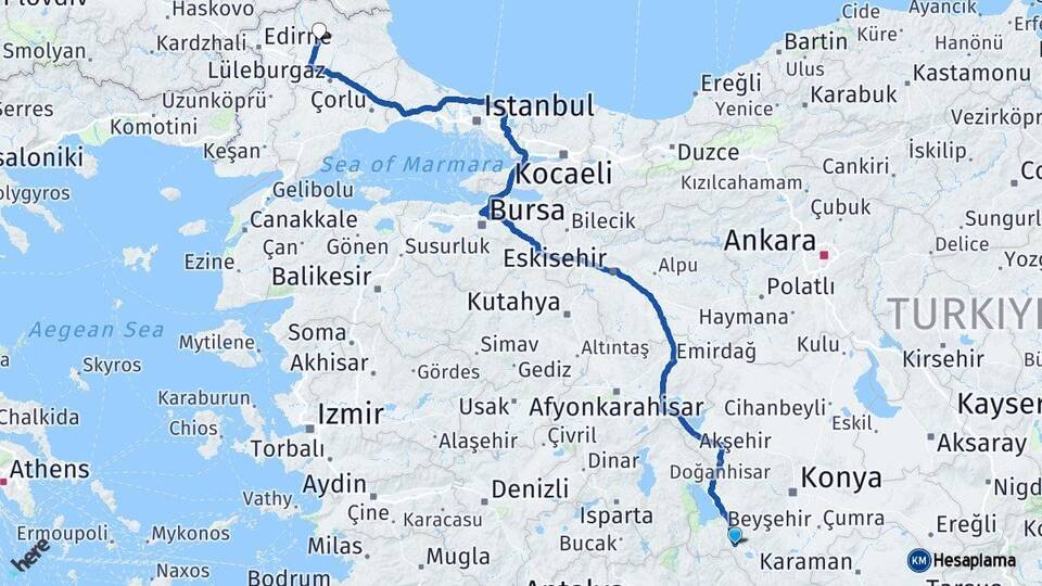 Konya Seydişehir Kırklareli Arası Kaç Km - Yol Haritası