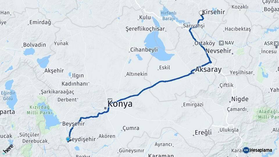 Konya Seydişehir Kırşehir Arası Kaç Km - Yol Haritası