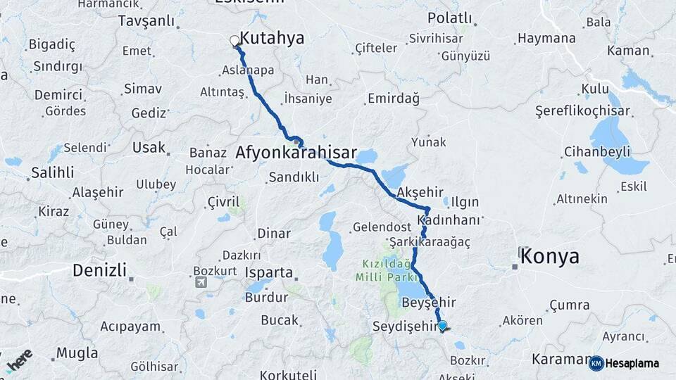 Konya Seydişehir Kütahya Arası Kaç Km - Yol Haritası