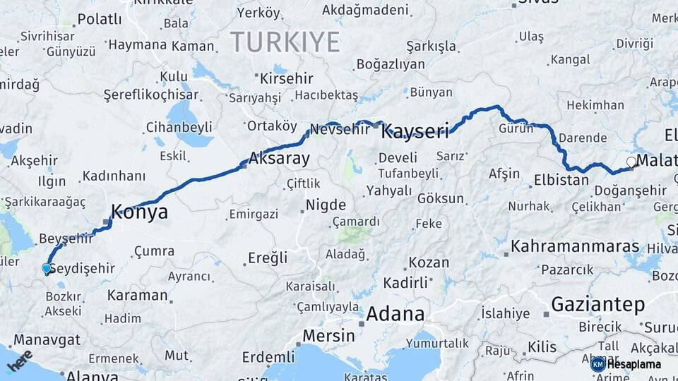 Konya Seydişehir Malatya Arası Kaç Km - Yol Haritası