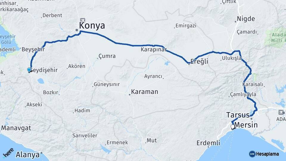 Konya Seydişehir Mersin Arası Kaç Km - Yol Haritası