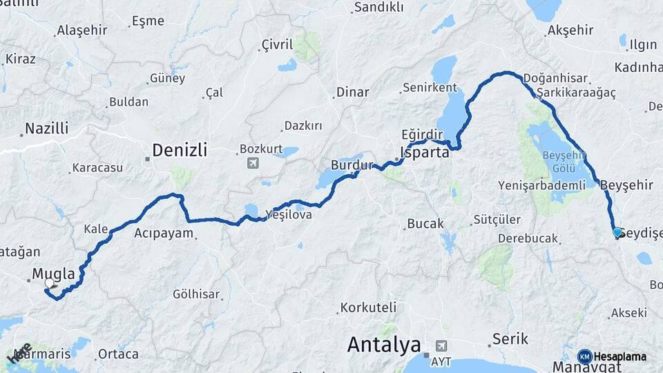 Konya Seydişehir Muğla Arası Kaç Km - Yol Haritası